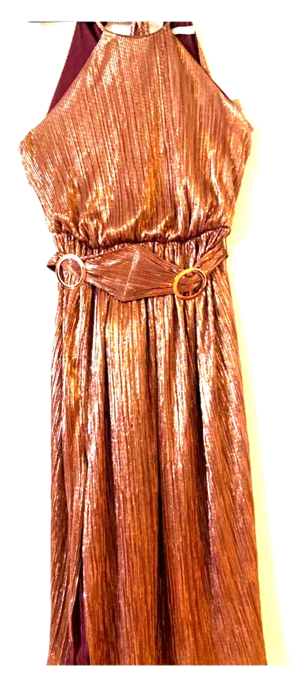 Eva Mendes Rose gold flare halter neck dress